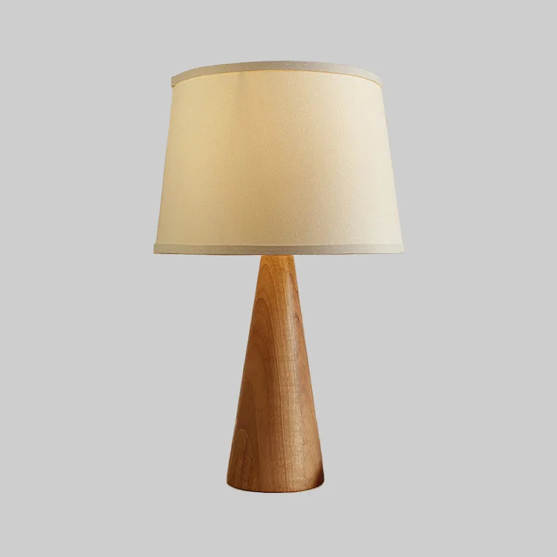 Modern White Nightstand Lamp with Shaded Fabric Table Light and Conical Brown Wood Base