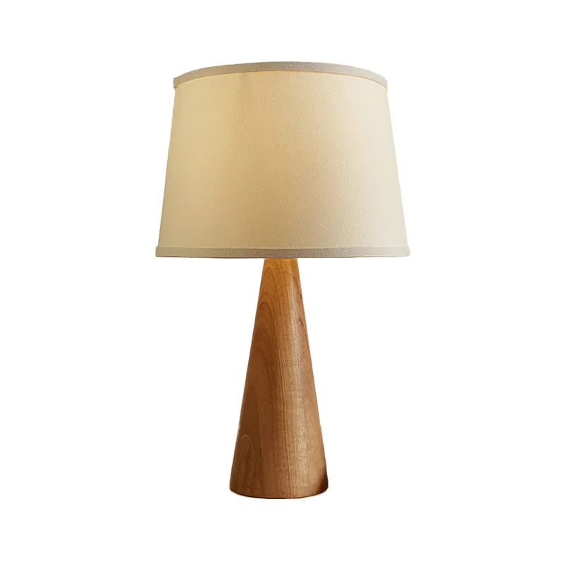 Modern White Nightstand Lamp with Shaded Fabric Table Light and Conical Brown Wood Base