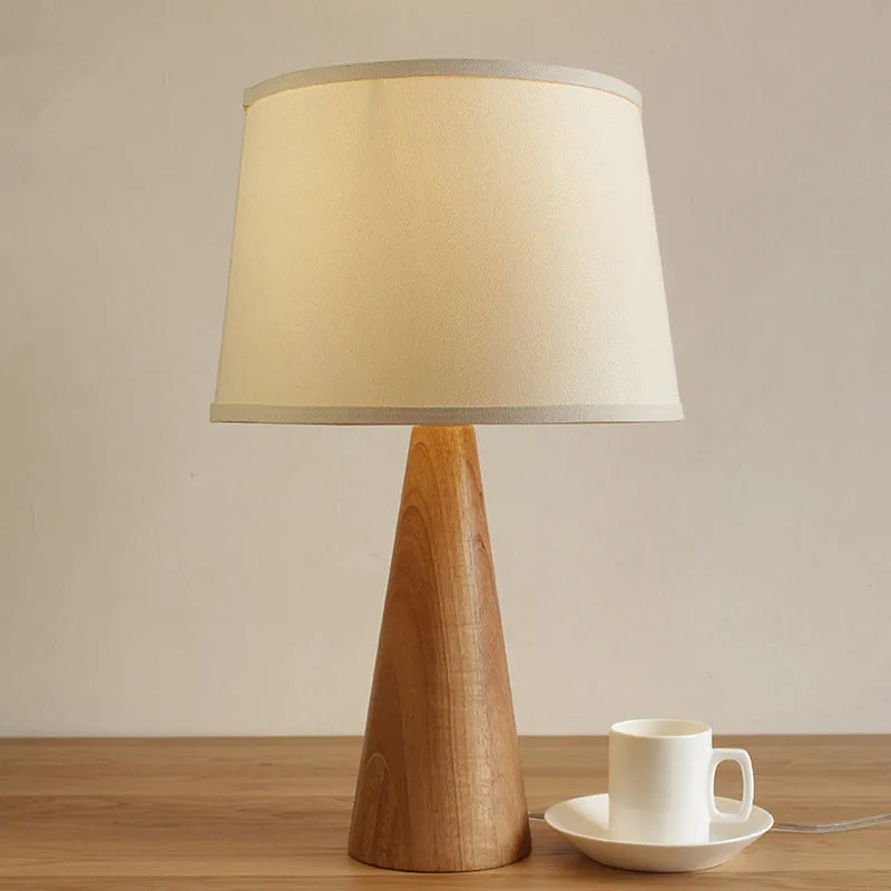 Modern White Nightstand Lamp with Shaded Fabric Table Light and Conical Brown Wood Base