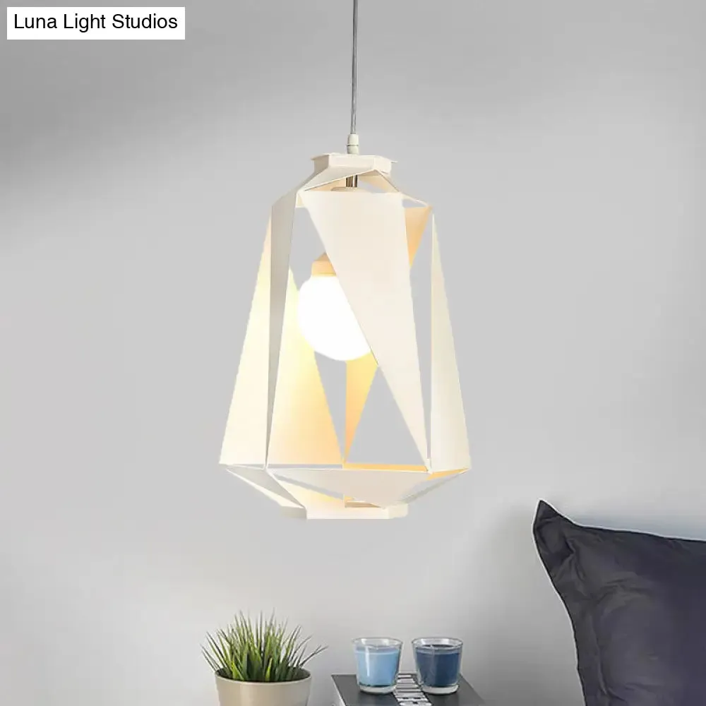 Modernist Metal Diamond Pendant Lamp - 1 Light, White Finish, Hollow-Out Design - Ceiling Hanging Fixture