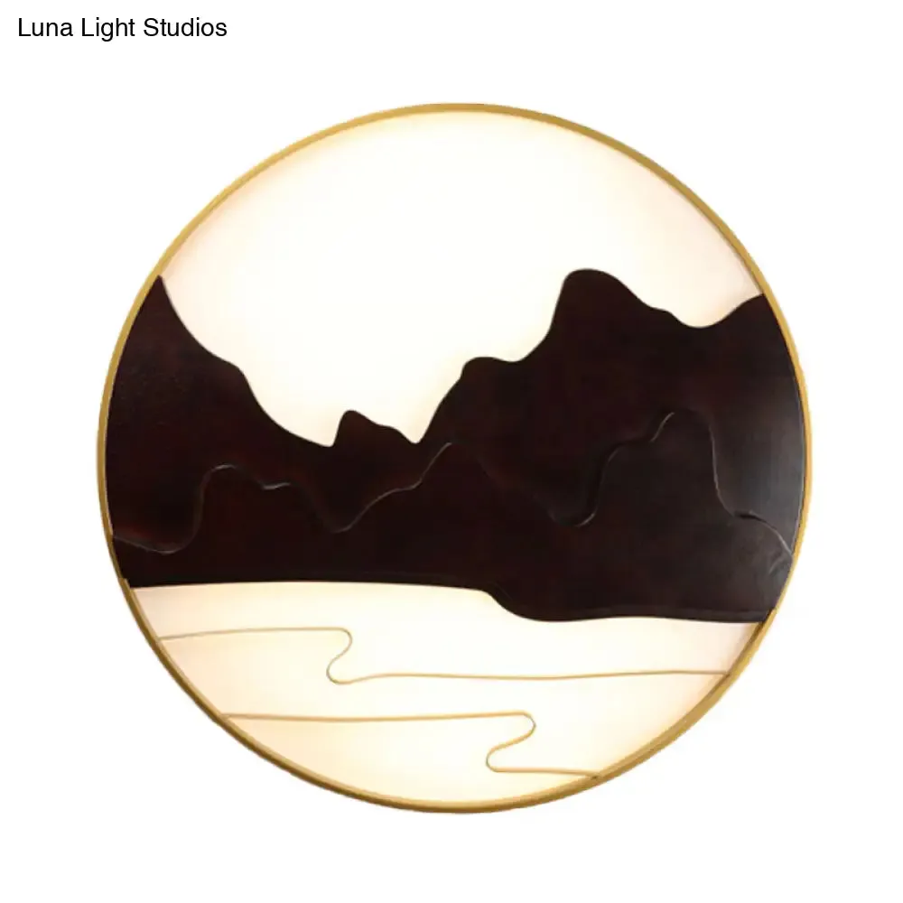 Mountain Silhouette LED Wall Mural Light: Asian-inspired Wooden Black Sconce for Tearoom