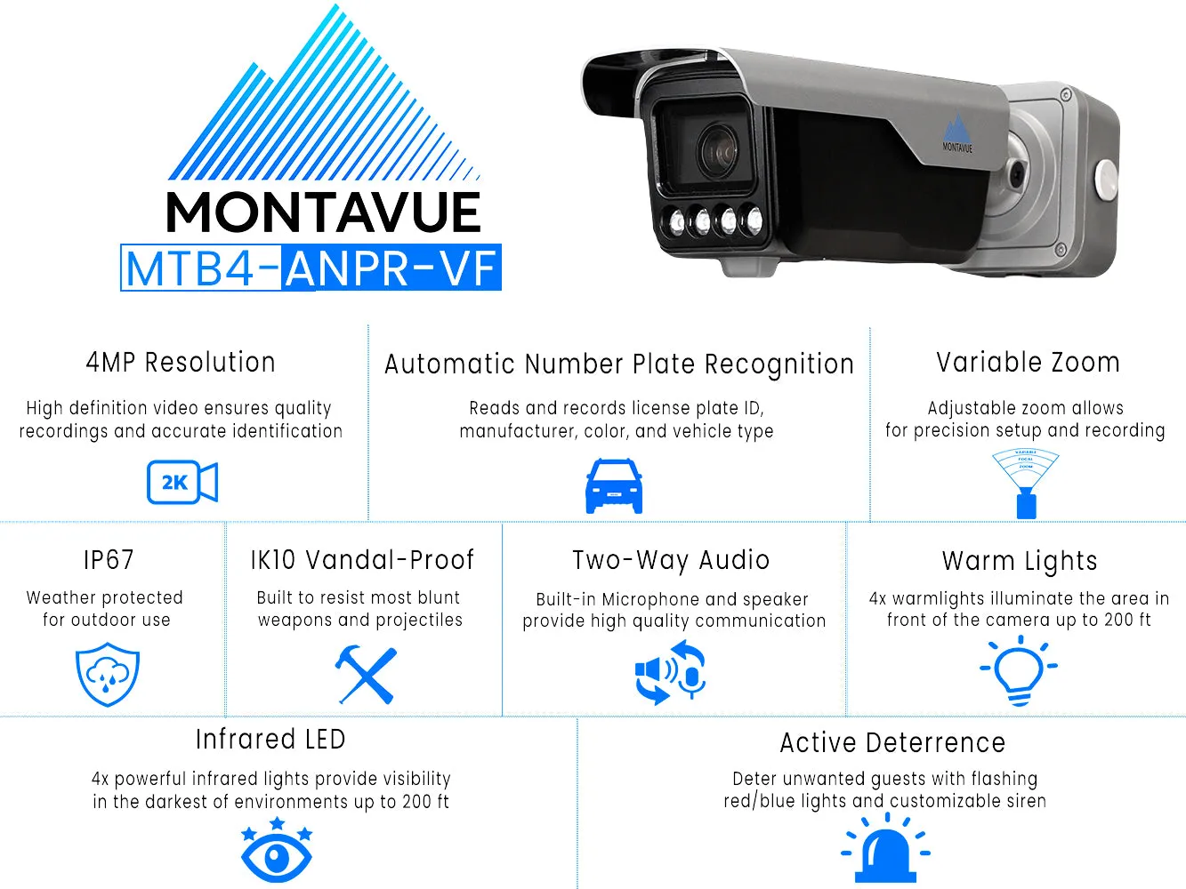 MTB4-ANPR-VF | 4MP 2K ANPR License Plate Recognition Camera