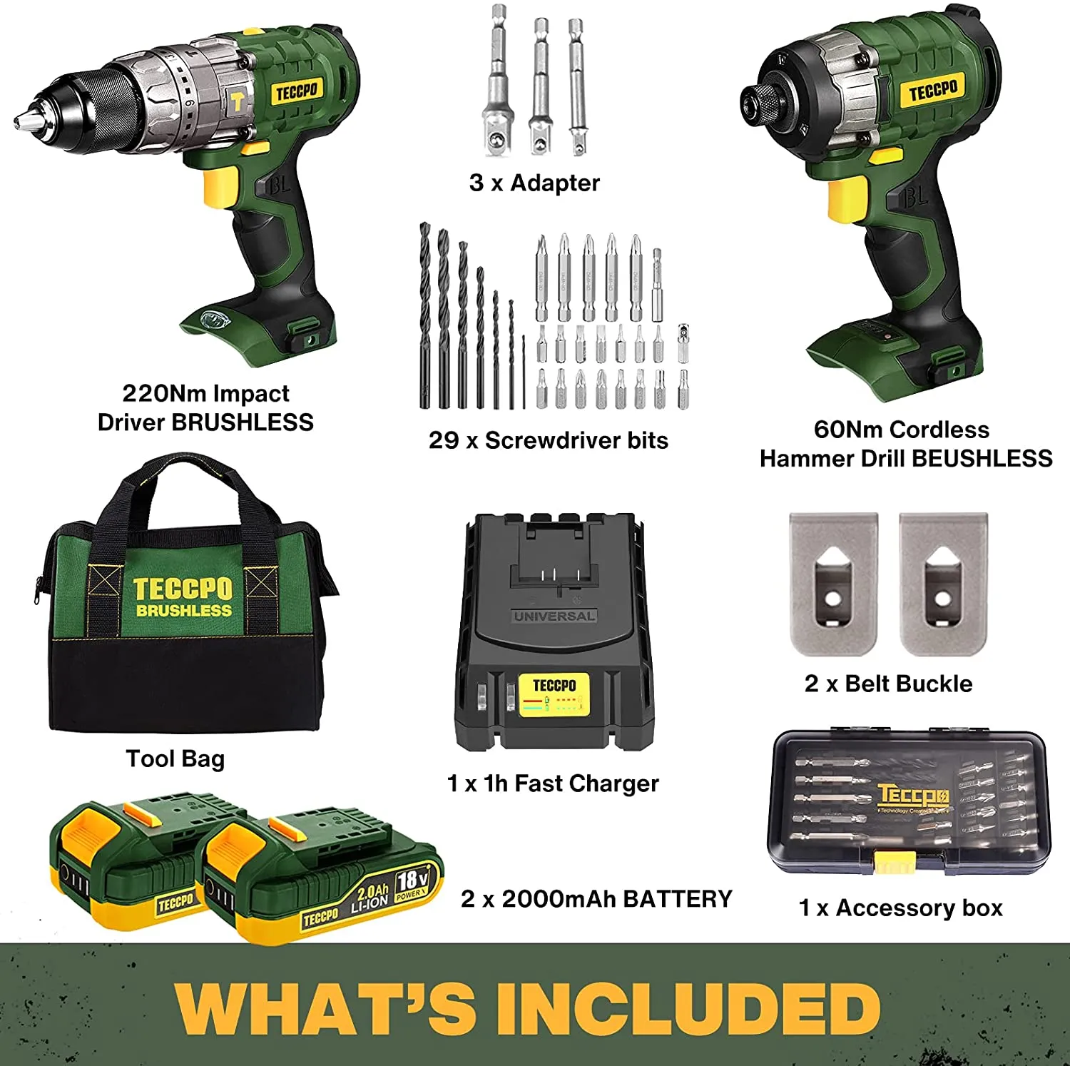 MTD680B Cordless Drill, Popman Brushless Drill Kit, Max. Torque 220 Nm, 3 Speeds, 2 Batteries 2.0 Ah, Quick Charger, 35 Accessories - MTD680B