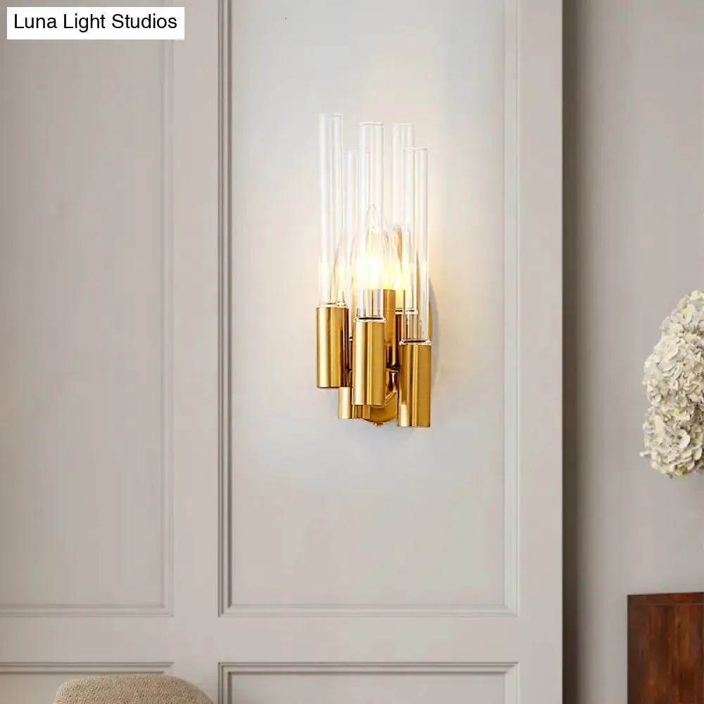 Nordic Gold Tube Wall Mount Sconce Light Fixture - 1 Head, Clear Glass - Ideal for Living Room