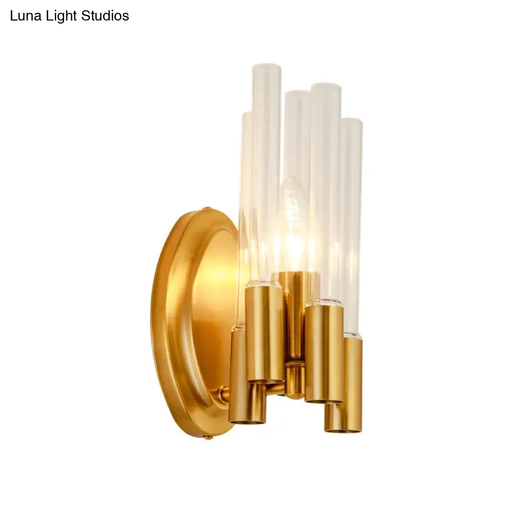 Nordic Gold Tube Wall Mount Sconce Light Fixture - 1 Head, Clear Glass - Ideal for Living Room