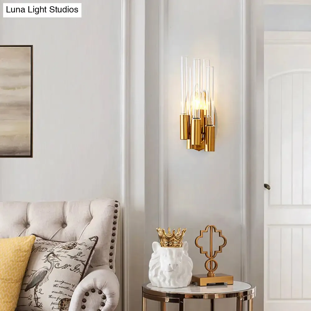 Nordic Gold Tube Wall Mount Sconce Light Fixture - 1 Head, Clear Glass - Ideal for Living Room