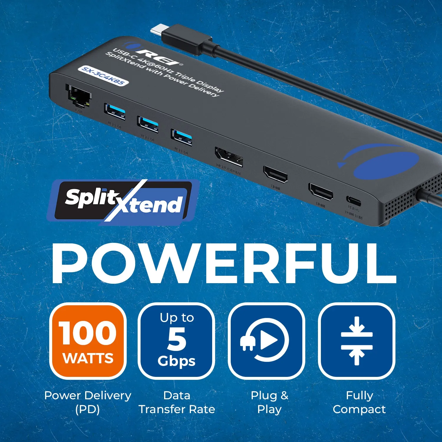 OREI SplitXtend Docking Hub with USB-C input, USB-A, Ethernet, DP, Power delivery up to 85 Watt and up to 3 Extended Displays (SX-3C4K85)