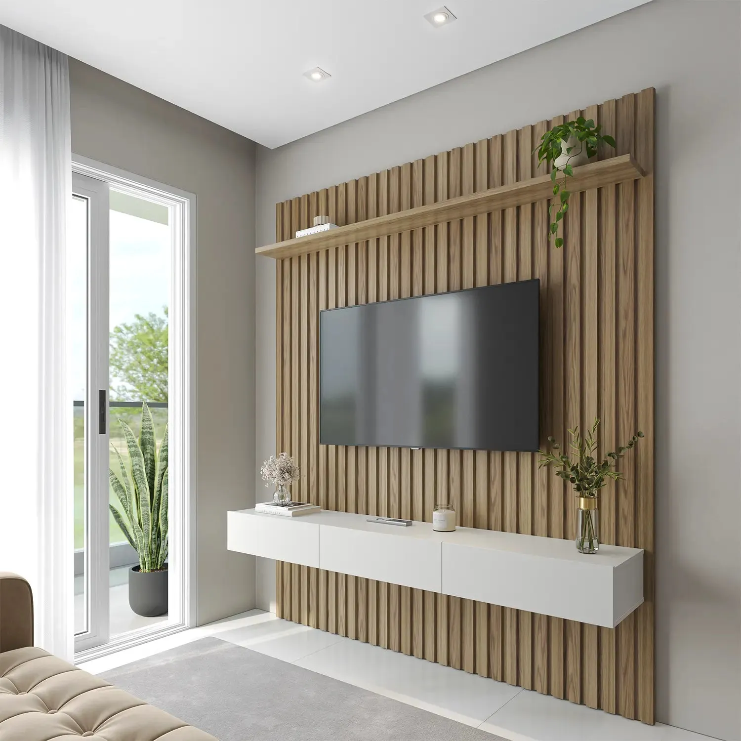 Painel Ripado para TV até 75” 1 Prateleira 3 Portas Aspen 187 cm - Freijó c/ Off White Fosco