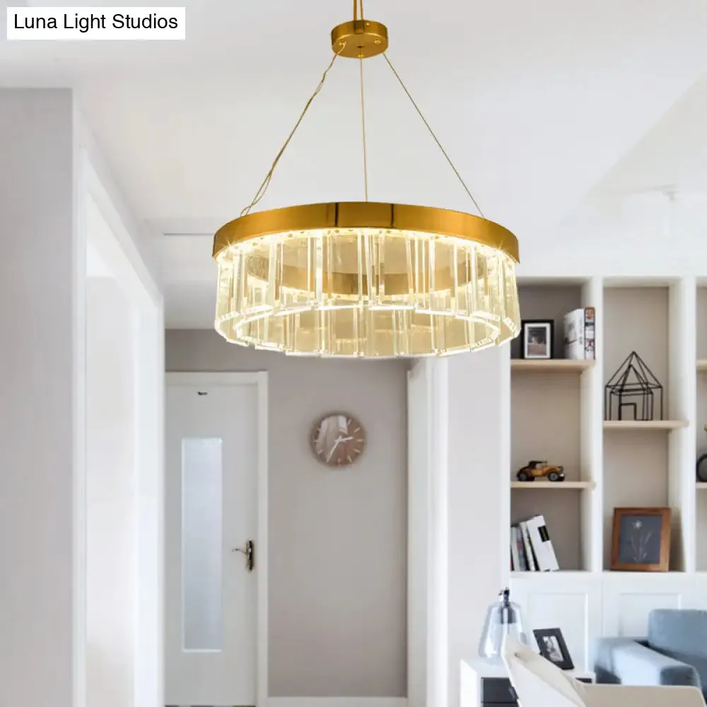Postmodern Brass LED Crystal Panel Chandelier: Stylish Round Suspension Light Fixture