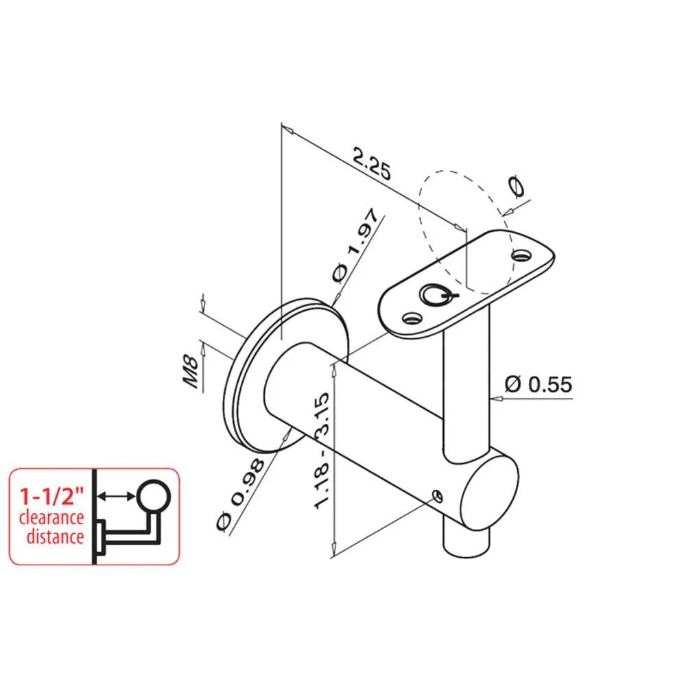 Q-Railing Bracket For Round Profile Handrail (Round Profile, Height Adjustable, Wall Mount,1-1/2'' clearance distance) (1-1/2'' Diameter)