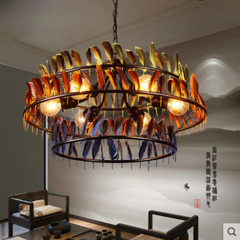 Retro creative industrial style restaurant E27 bulb pendant lamp American three layers color feather iron lighting lamp