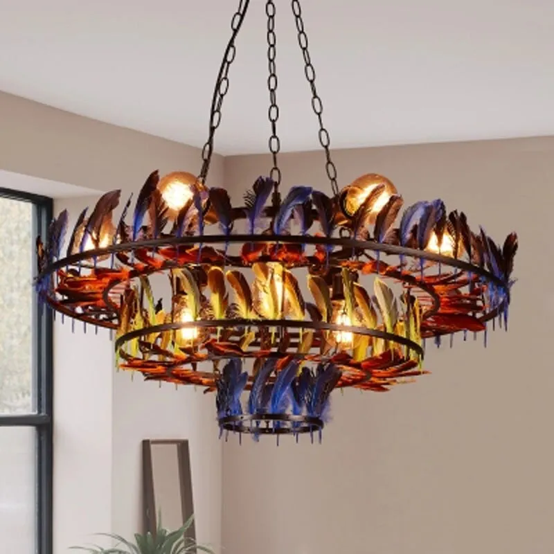 Retro creative industrial style restaurant E27 bulb pendant lamp American three layers color feather iron lighting lamp