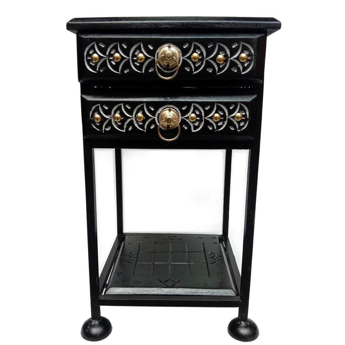 RRA Black Wood Wrought Iron Bedside Table/end Table/Sofa Side Table/Night Stand with Drawers for Bedroom and Living Room Stylish Standard Size (28 x 28 x 53.34) cm/Color Black