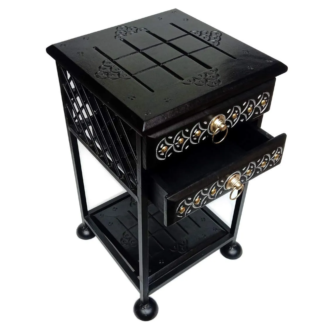 RRA Black Wood Wrought Iron Bedside Table/end Table/Sofa Side Table/Night Stand with Drawers for Bedroom and Living Room Stylish Standard Size (28 x 28 x 53.34) cm/Color Black