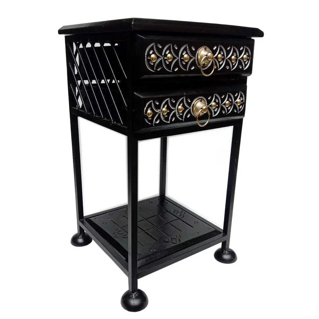 RRA Black Wood Wrought Iron Bedside Table/end Table/Sofa Side Table/Night Stand with Drawers for Bedroom and Living Room Stylish Standard Size (28 x 28 x 53.34) cm/Color Black