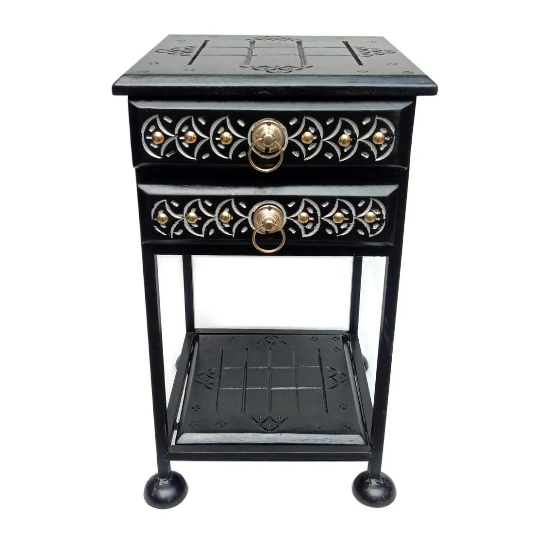 RRA Black Wood Wrought Iron Bedside Table/end Table/Sofa Side Table/Night Stand with Drawers for Bedroom and Living Room Stylish Standard Size (28 x 28 x 53.34) cm/Color Black