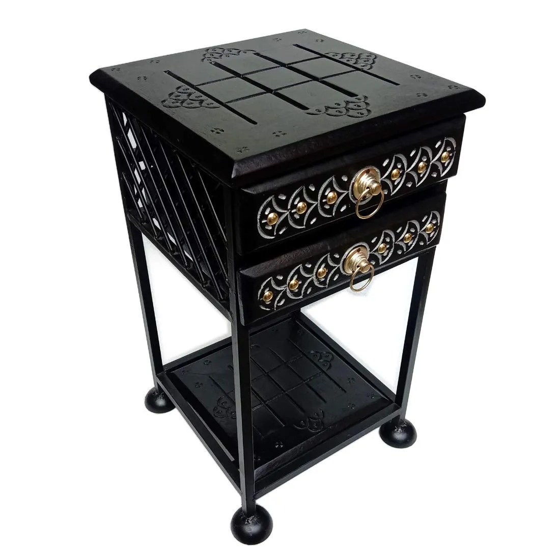 RRA Black Wood Wrought Iron Bedside Table/end Table/Sofa Side Table/Night Stand with Drawers for Bedroom and Living Room Stylish Standard Size (28 x 28 x 53.34) cm/Color Black