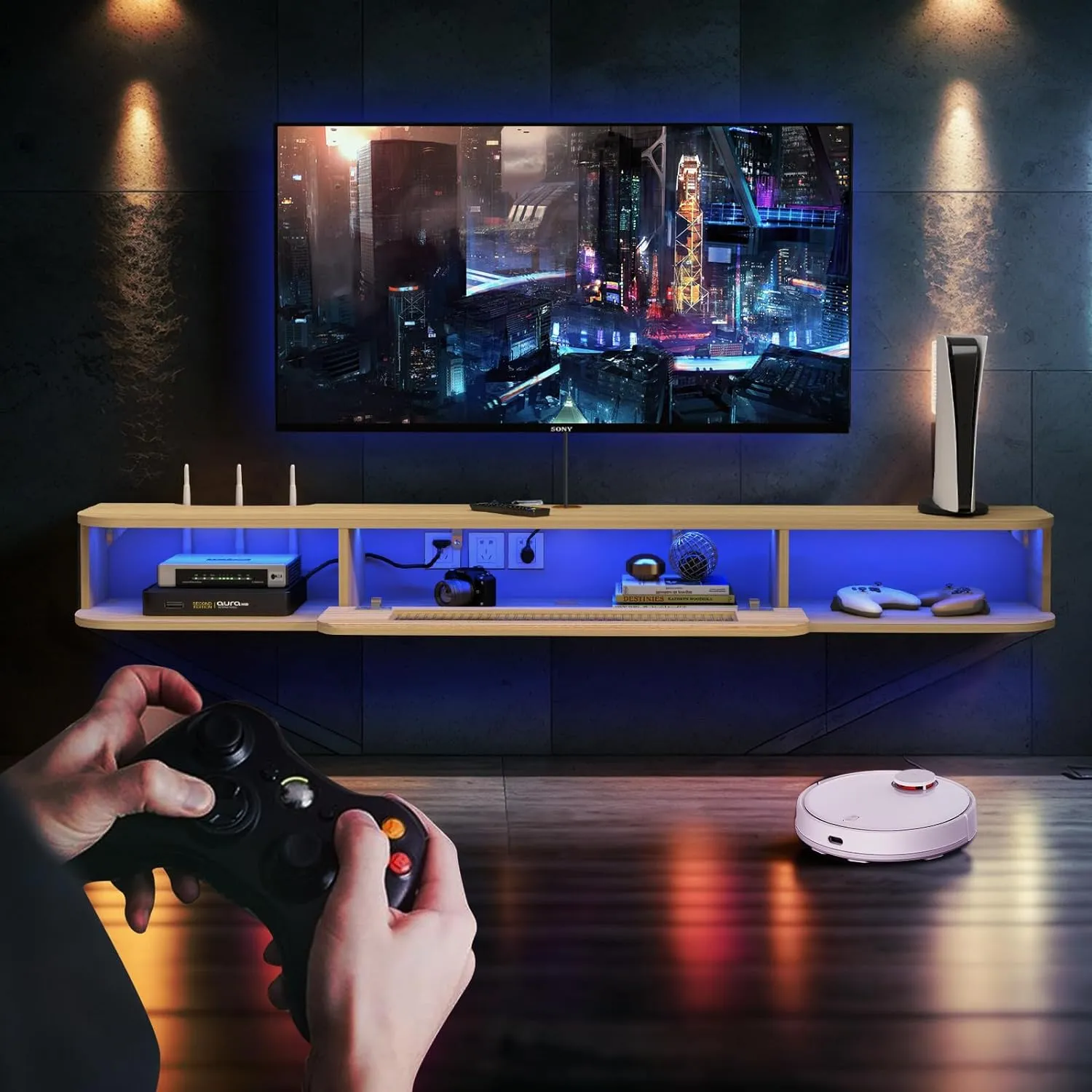 Slim Floating TV Stand Wall Shelf with LED Lights and Glass Door for 65" TVs, Light Oak
