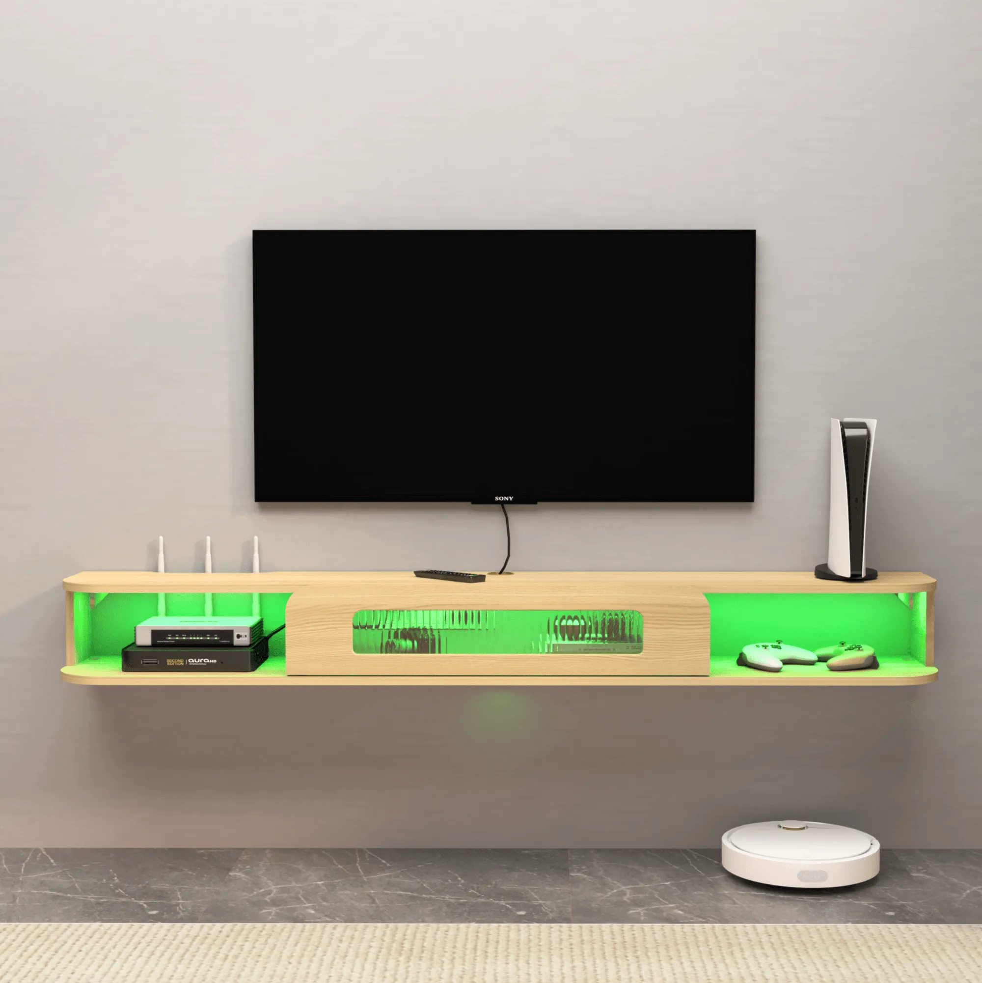 Slim Floating TV Stand Wall Shelf with LED Lights and Glass Door for 65" TVs, Light Oak