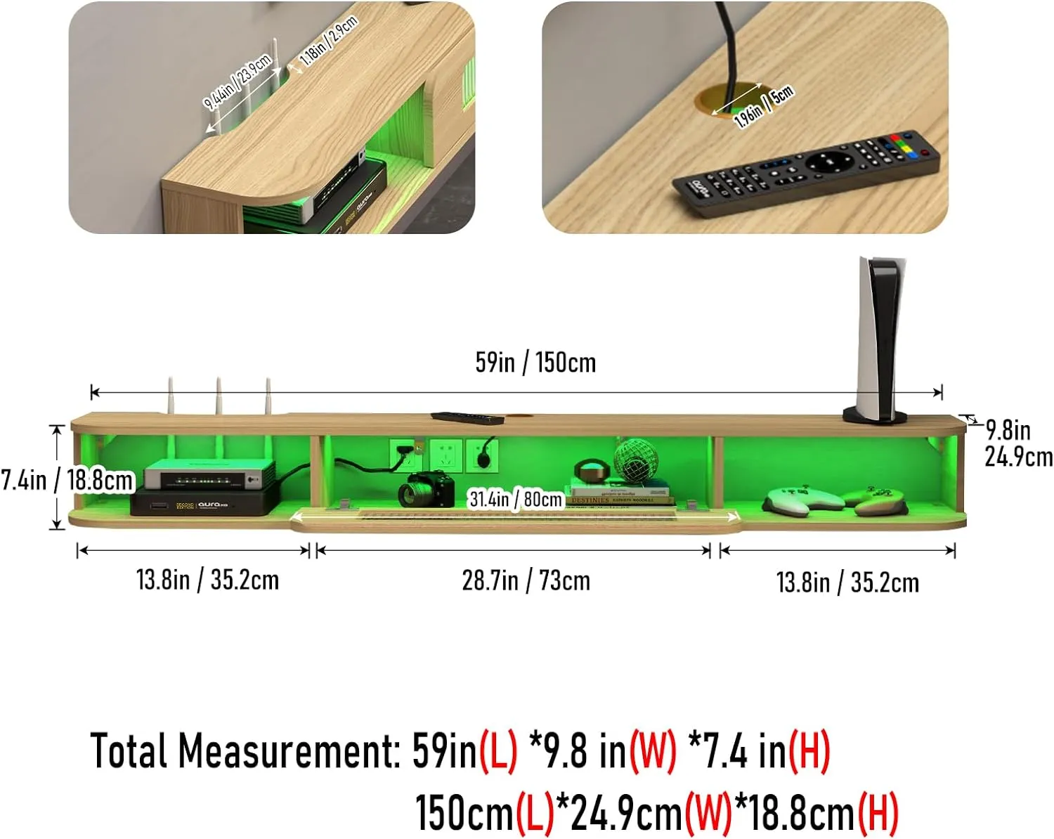 Slim Floating TV Stand Wall Shelf with LED Lights and Glass Door for 65" TVs, Light Oak
