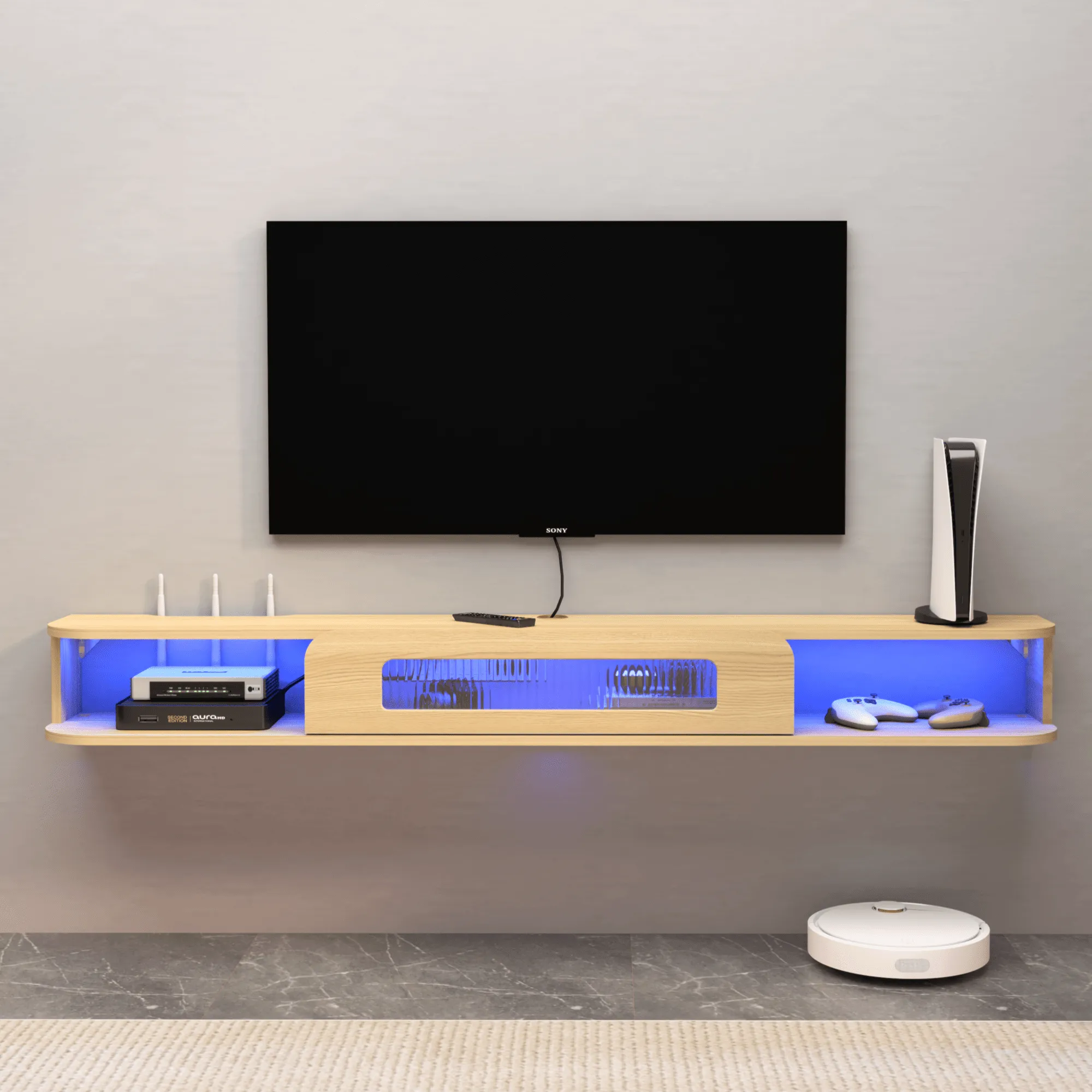 Slim Floating TV Stand Wall Shelf with LED Lights and Glass Door for 65" TVs, Light Oak