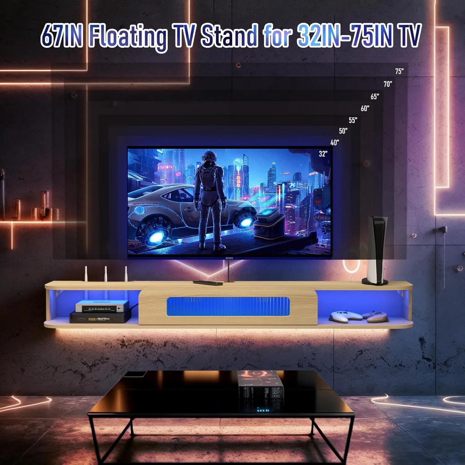 Slim Floating TV Stand Wall Shelf with LED Lights and Glass Door for 65" TVs, Light Oak