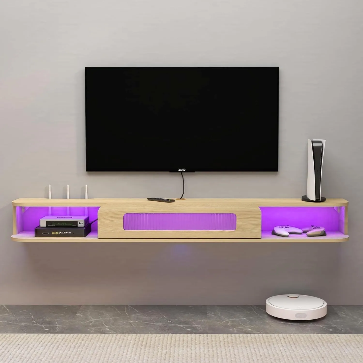 Slim Floating TV Stand Wall Shelf with LED Lights and Glass Door for 65" TVs, Light Oak