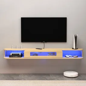 Slim Floating TV Stand Wall Shelf with LED Lights and Glass Door for 65" TVs, Light Oak