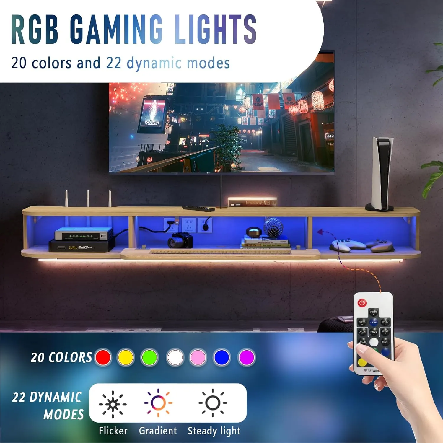 Slim Floating TV Stand Wall Shelf with LED Lights and Glass Door for 65" TVs, Light Oak