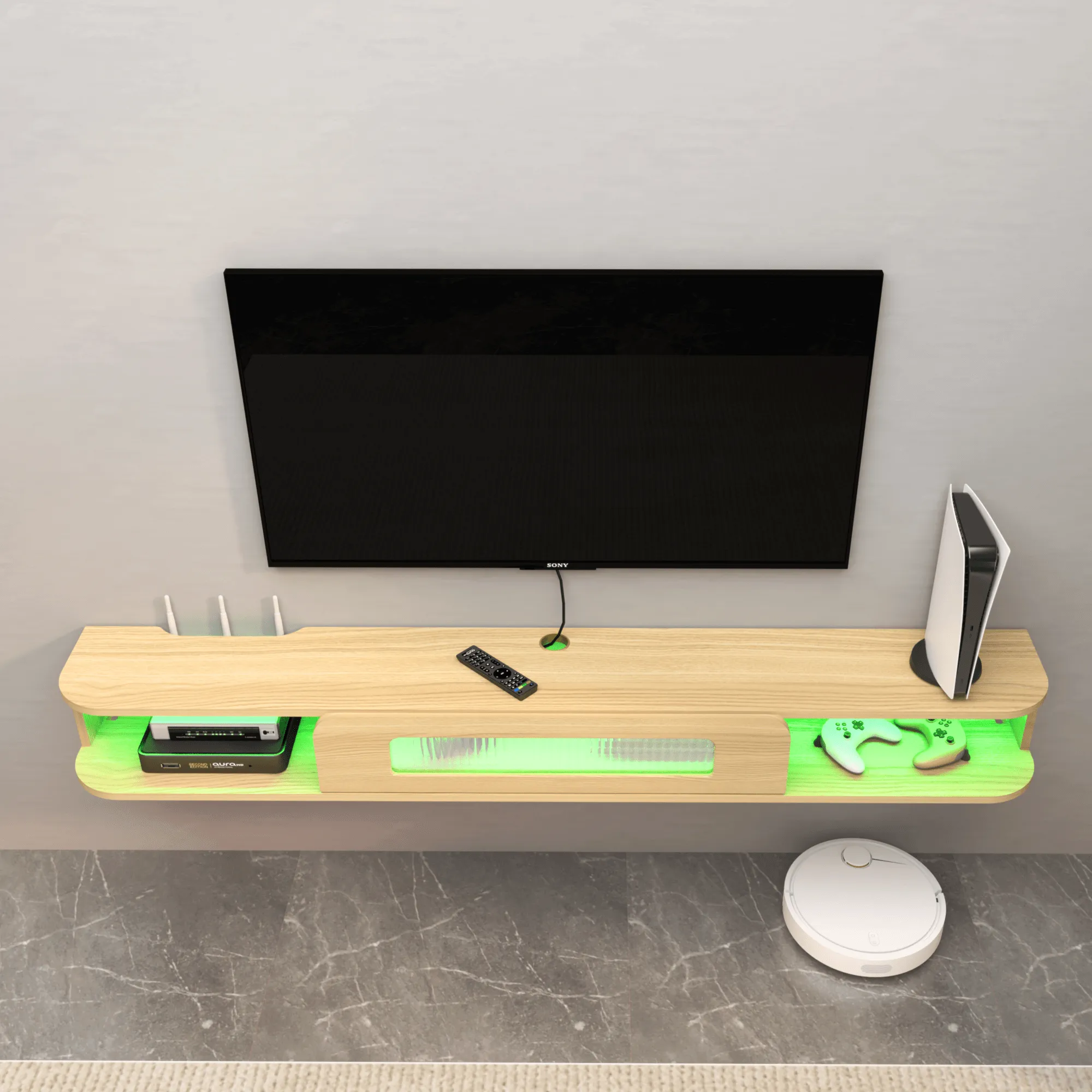 Slim Floating TV Stand Wall Shelf with LED Lights and Glass Door for 65" TVs, Light Oak