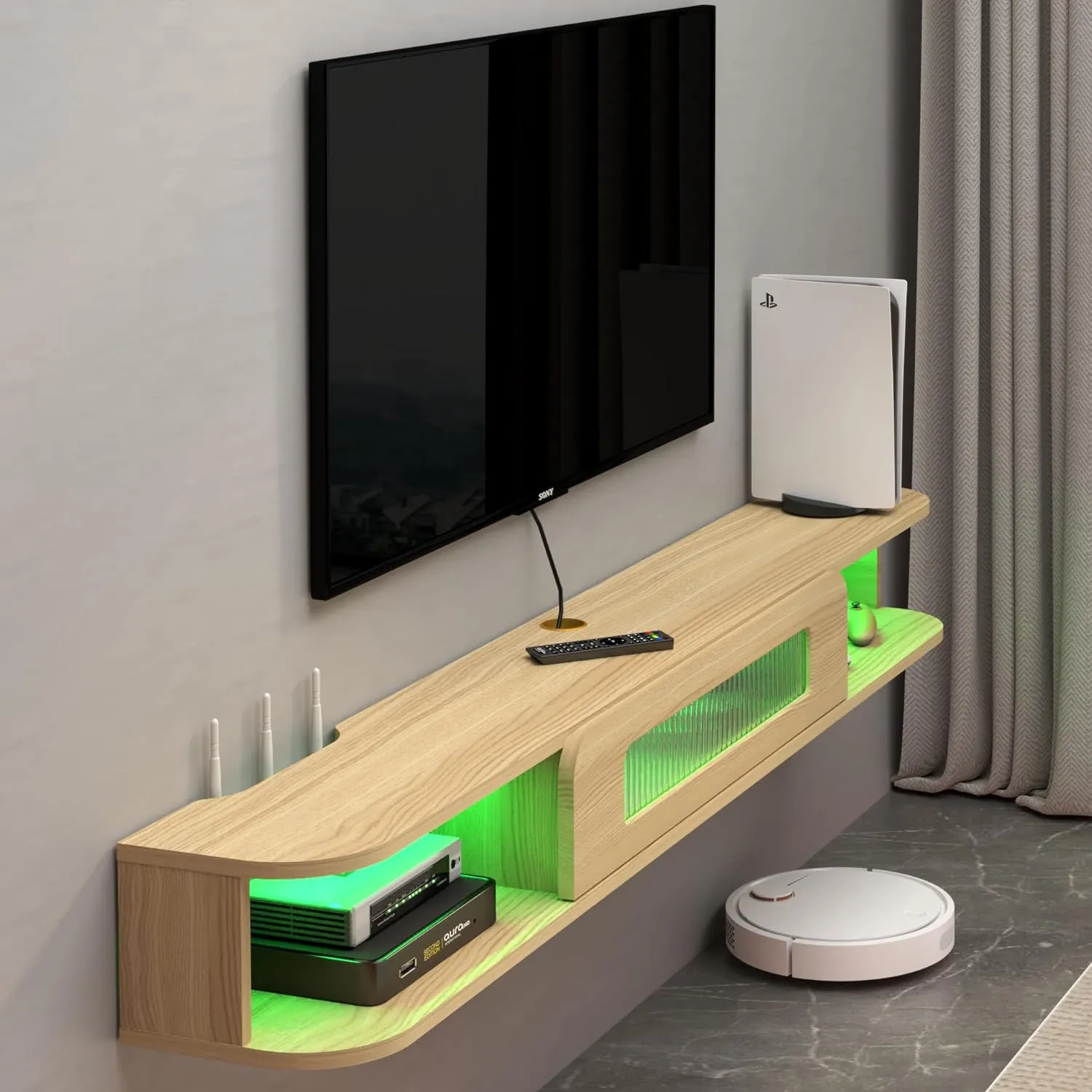 Slim Floating TV Stand Wall Shelf with LED Lights and Glass Door for 65" TVs, Light Oak
