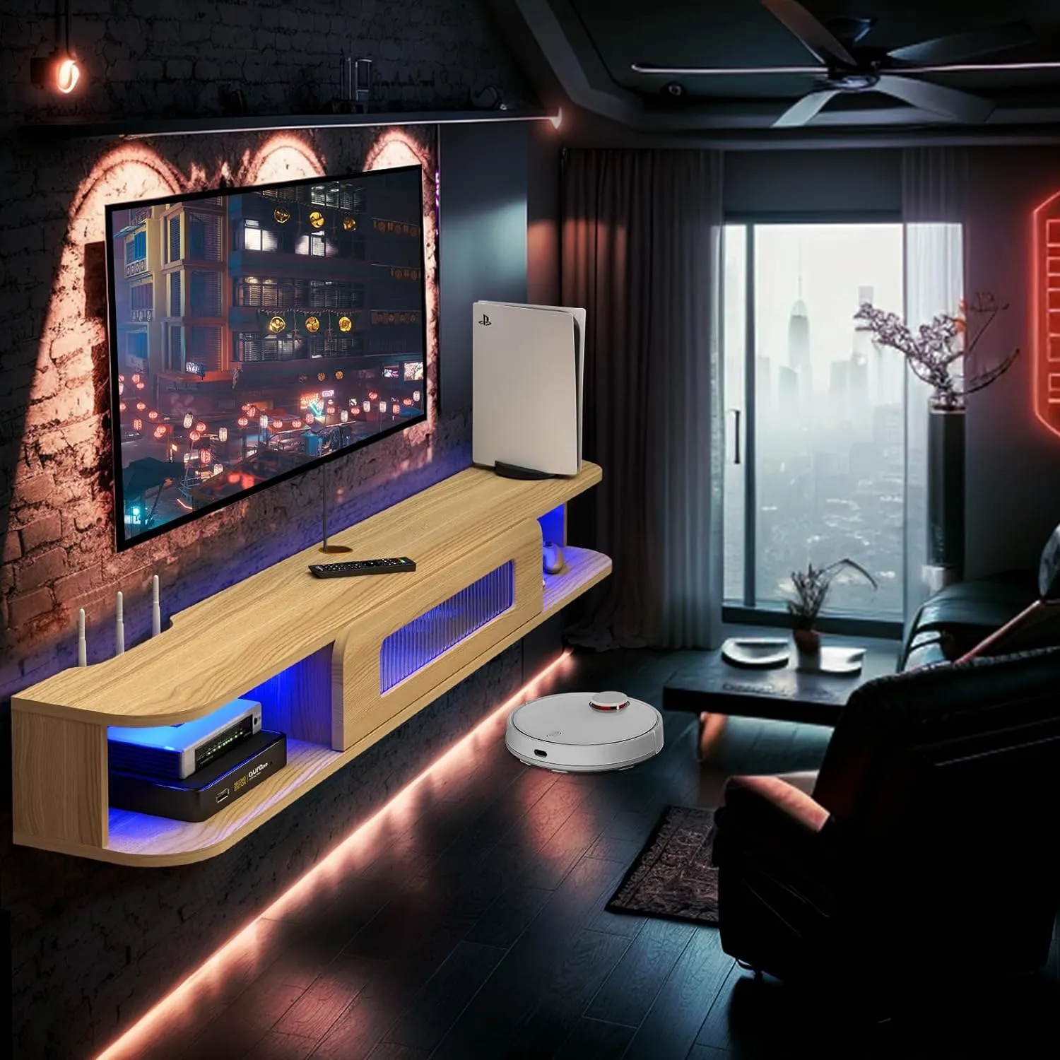 Slim Floating TV Stand Wall Shelf with LED Lights and Glass Door for 65" TVs, Light Oak