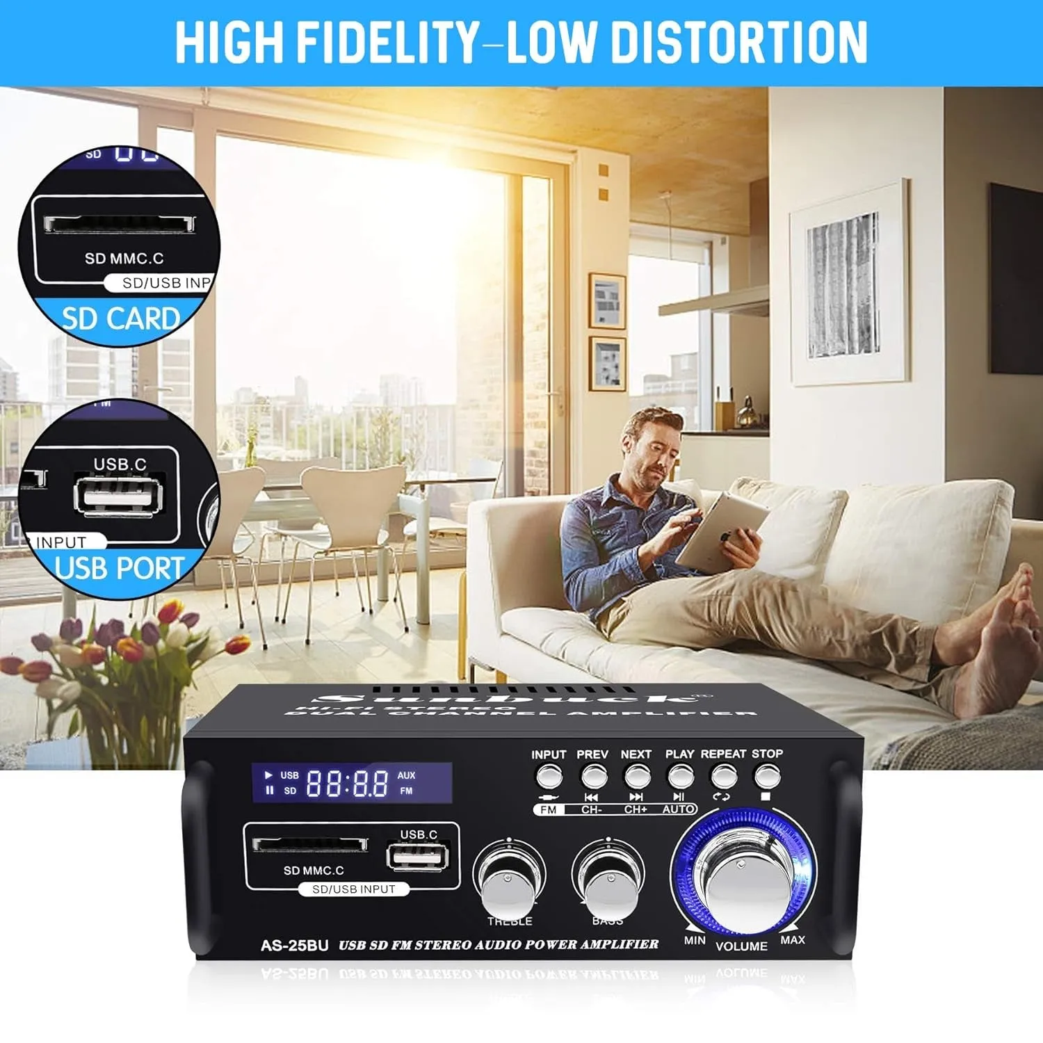 Small Stereo Amplifier, Stereo Receivers for Home Audio, Max 300Wx2 Power Amplifier, Bluetooth Amplifier with Usb/Sd/Rca/Remote, Home Stereo System Components, Receiver for Speakers, AS-25BU