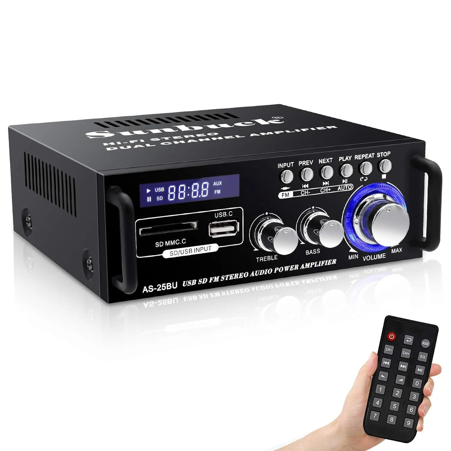 Small Stereo Amplifier, Stereo Receivers for Home Audio, Max 300Wx2 Power Amplifier, Bluetooth Amplifier with Usb/Sd/Rca/Remote, Home Stereo System Components, Receiver for Speakers, AS-25BU
