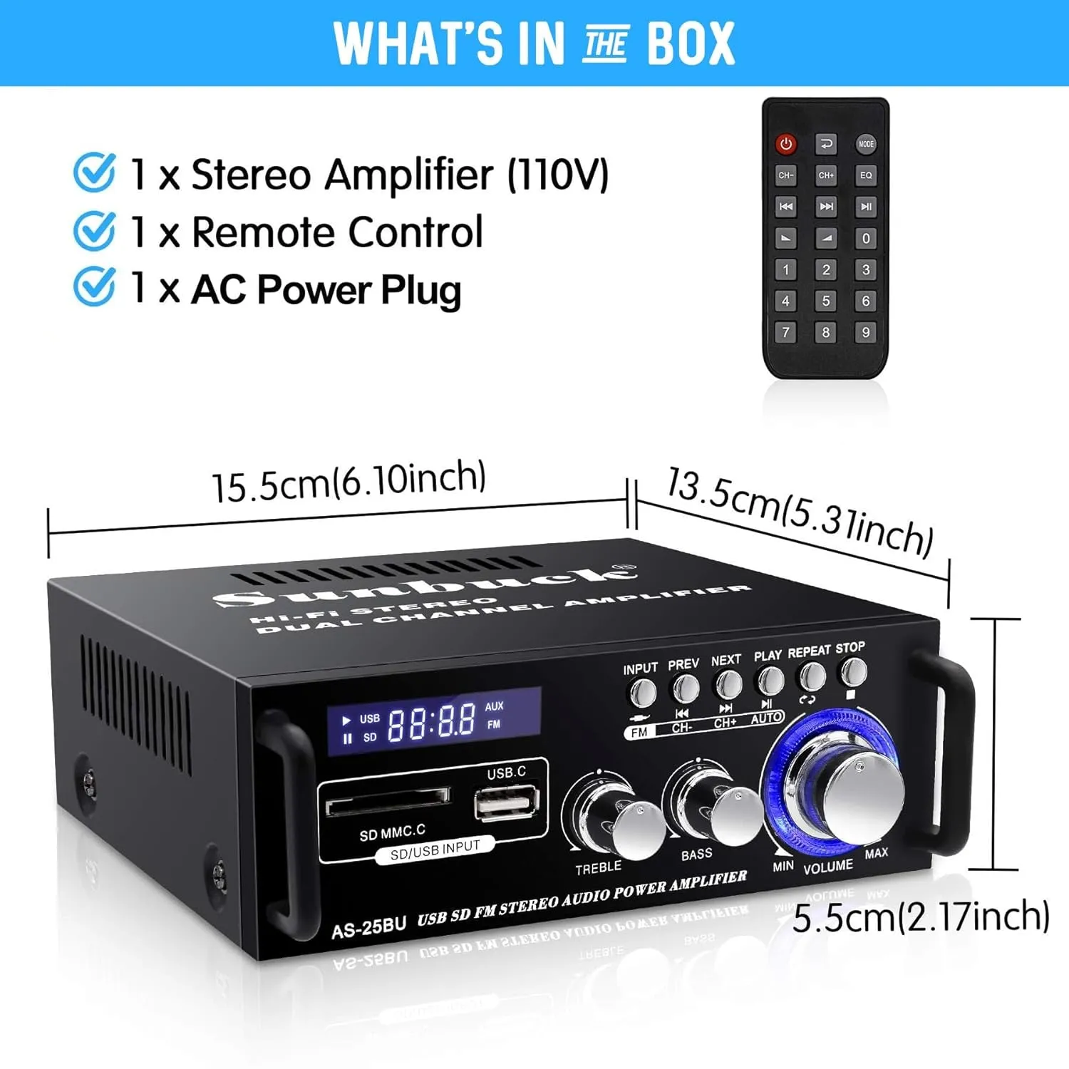 Small Stereo Amplifier, Stereo Receivers for Home Audio, Max 300Wx2 Power Amplifier, Bluetooth Amplifier with Usb/Sd/Rca/Remote, Home Stereo System Components, Receiver for Speakers, AS-25BU