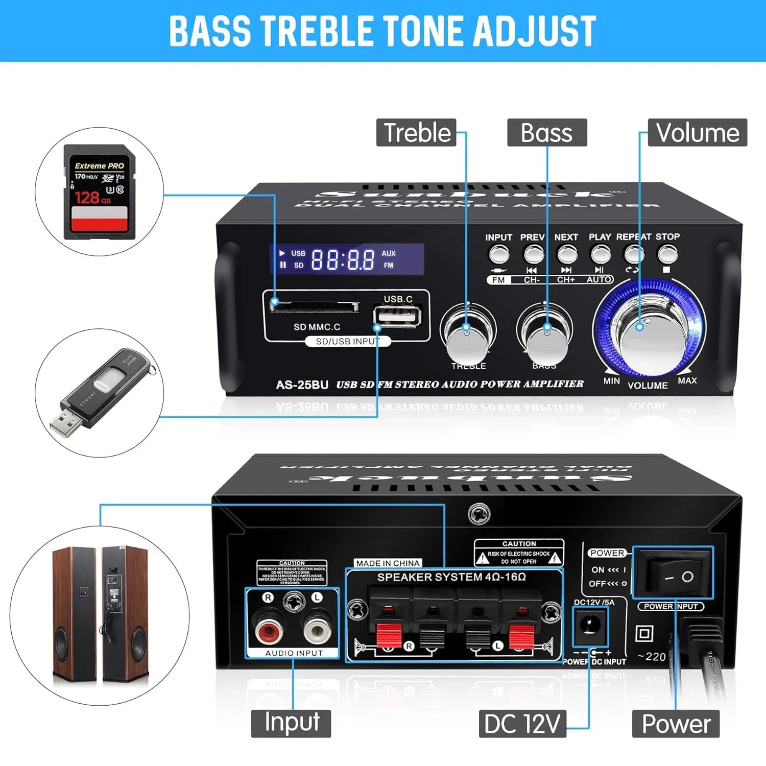 Small Stereo Amplifier, Stereo Receivers for Home Audio, Max 300Wx2 Power Amplifier, Bluetooth Amplifier with Usb/Sd/Rca/Remote, Home Stereo System Components, Receiver for Speakers, AS-25BU