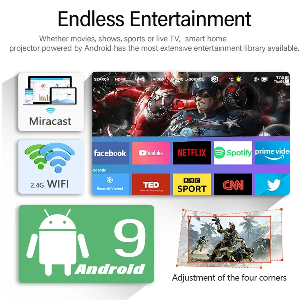 Smart Android Projector 250ANSI Lumens | |1080P Portable Outdoor Movie Projector 4K Supported