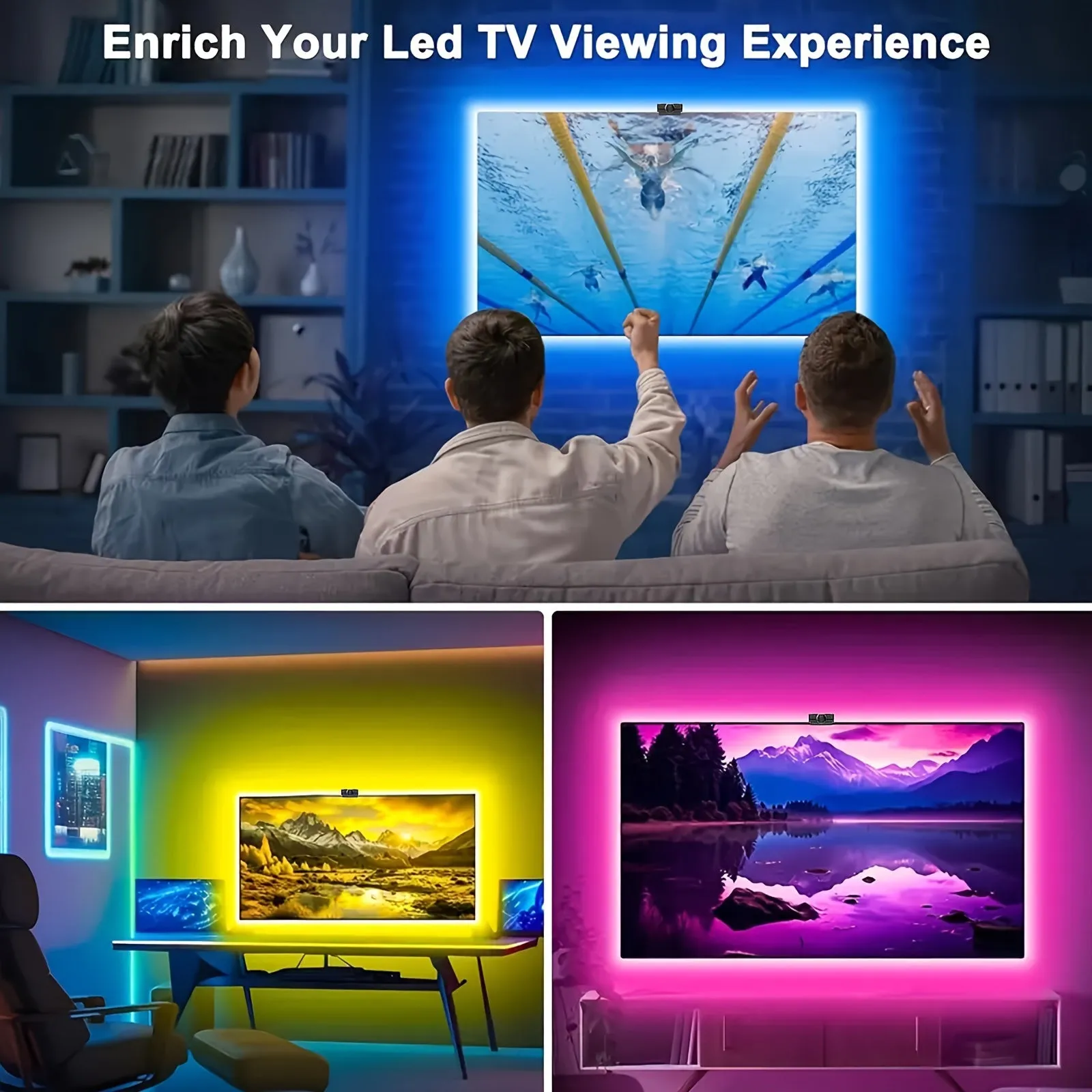 Smart Led Tv Backlight Kit With Ar Sensor - 3.81meter To 5.0meter, Usb Powered, App & Music Sync, For 139.7-215.9cm Tvs And Monitors