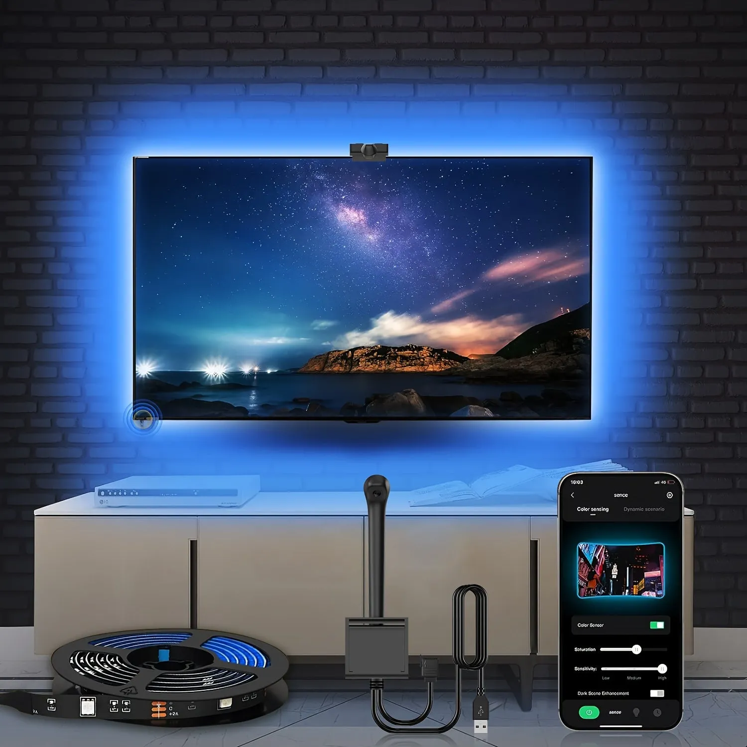 Smart Led Tv Backlight Kit With Ar Sensor - 3.81meter To 5.0meter, Usb Powered, App & Music Sync, For 139.7-215.9cm Tvs And Monitors