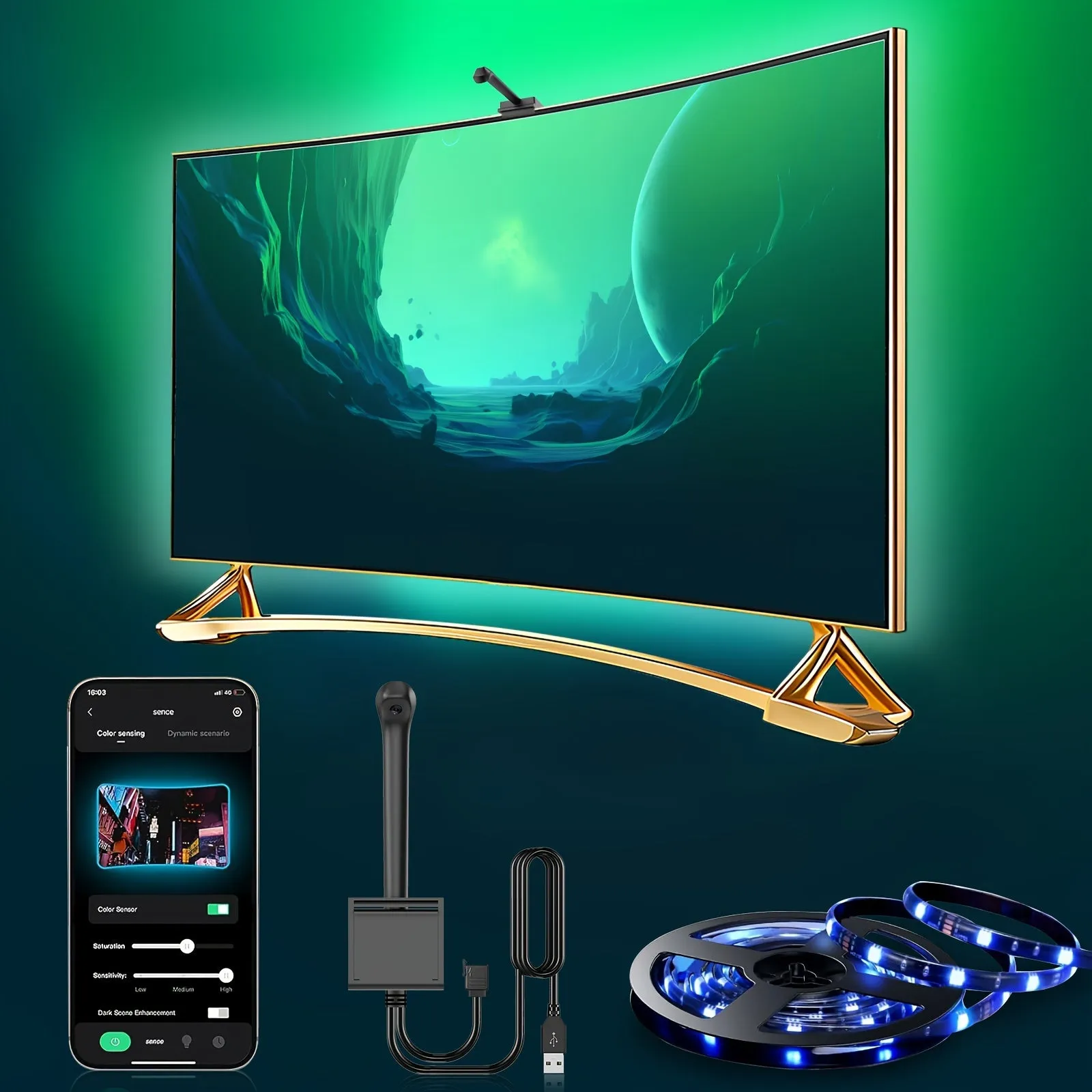 Smart Led Tv Backlight Kit With Ar Sensor - 3.81meter To 5.0meter, Usb Powered, App & Music Sync, For 139.7-215.9cm Tvs And Monitors