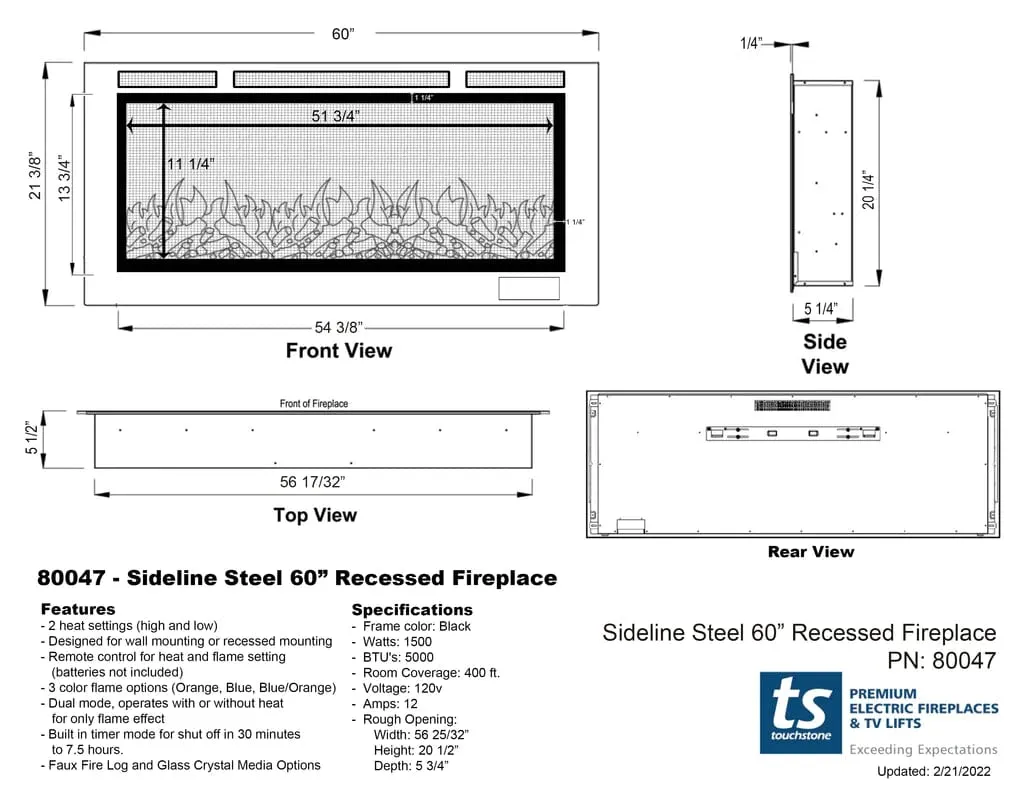 The Sideline Steel Mesh Screen Non Reflective 60 Inch Recessed Electric Fireplace 80047