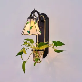 Tiffany Beige/Blue Glass Conical Sconce Lamp - 1 Head Black Wall Mount Light with Plant Design