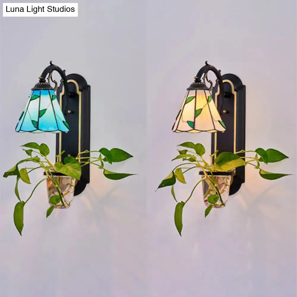 Tiffany Beige/Blue Glass Conical Sconce Lamp - 1 Head Black Wall Mount Light with Plant Design