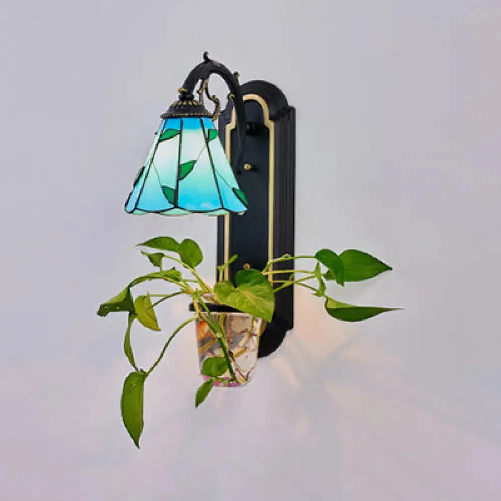 Tiffany Beige/Blue Glass Conical Sconce Lamp - 1 Head Black Wall Mount Light with Plant Design