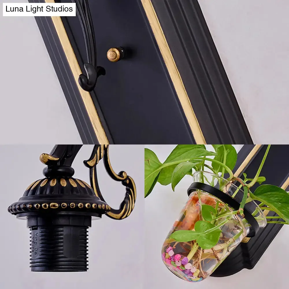 Tiffany Beige/Blue Glass Conical Sconce Lamp - 1 Head Black Wall Mount Light with Plant Design