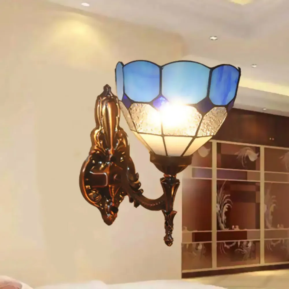 Tiffany Style Dome Stained Glass Sconce Light Fixture - Bedroom Wall Lamp (1-Light, Blue/Gold/Tan)