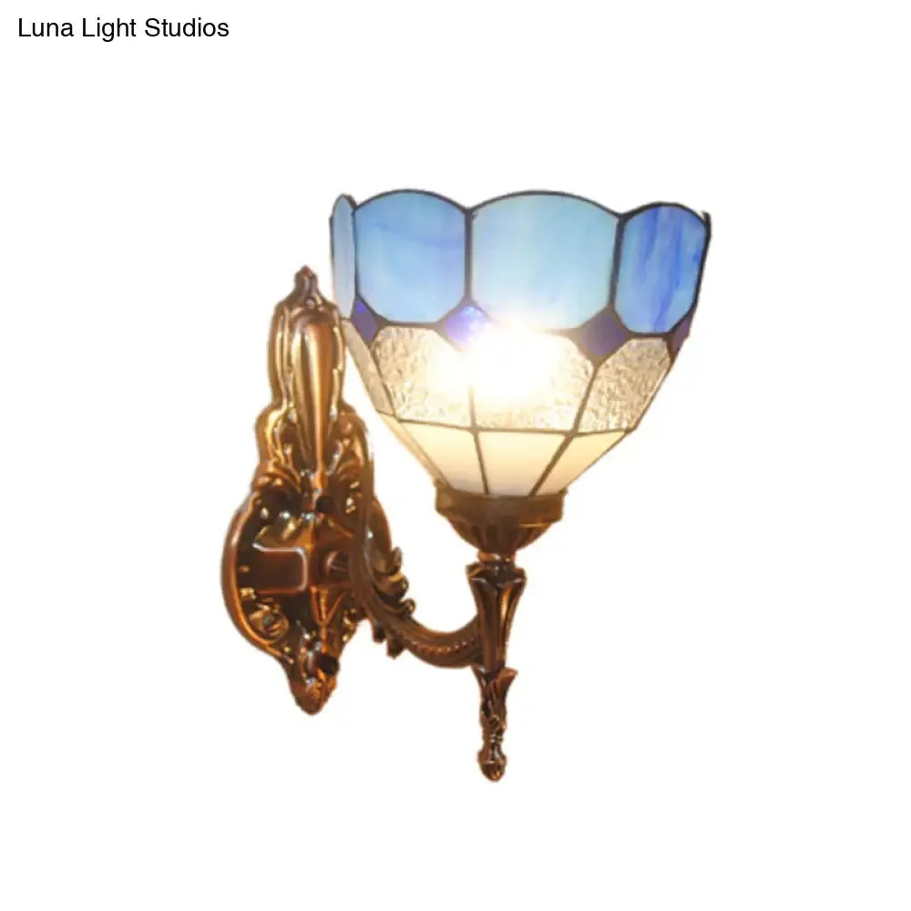 Tiffany Style Dome Stained Glass Sconce Light Fixture - Bedroom Wall Lamp (1-Light, Blue/Gold/Tan)