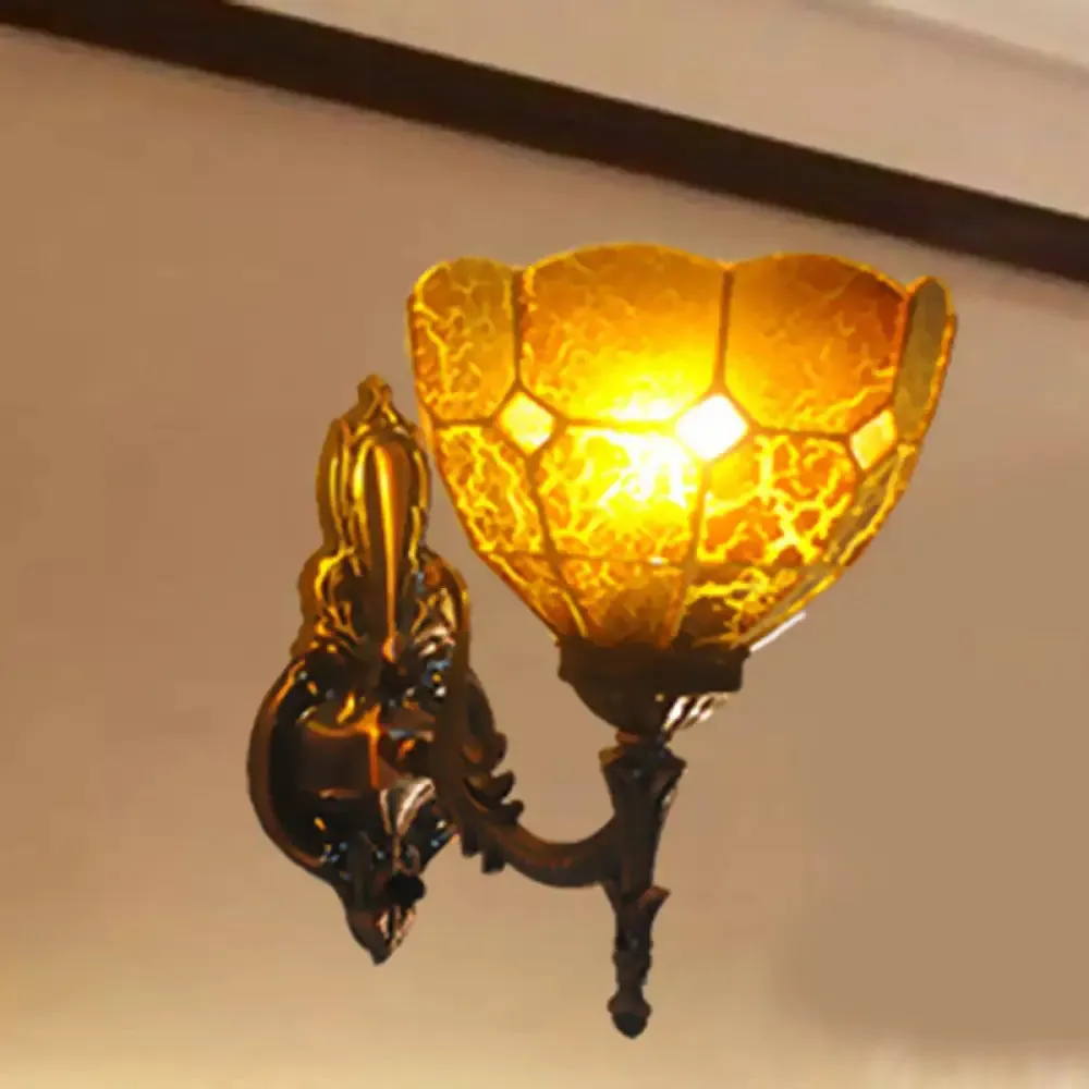 Tiffany Style Dome Stained Glass Sconce Light Fixture - Bedroom Wall Lamp (1-Light, Blue/Gold/Tan)