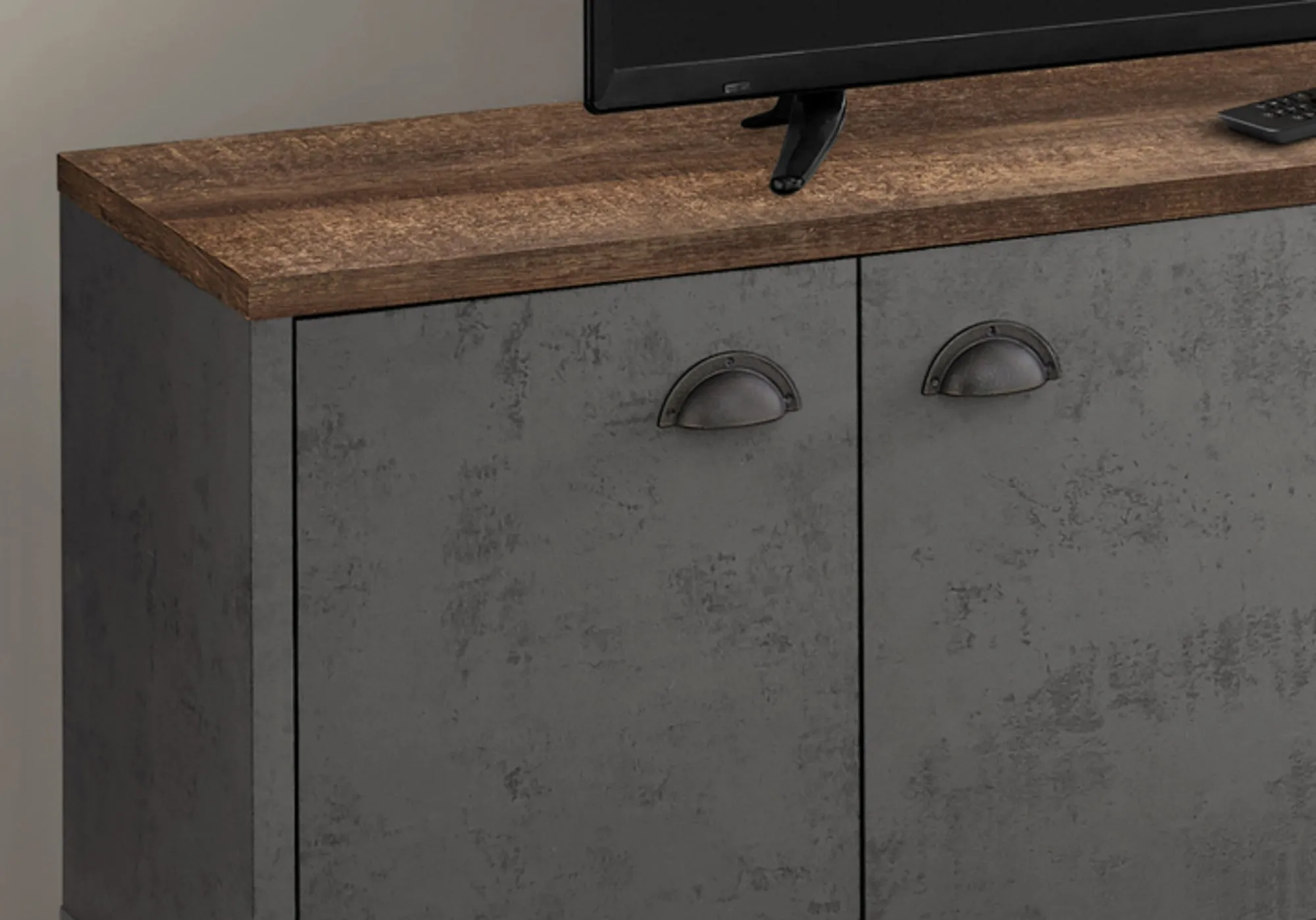 Tv Stand, 60 Inch, Console, Media Entertainment Center, Storage Cabinet, Living Room, Bedroom, Brown And Grey Laminate, Grey Metal, Contemporary, Modern