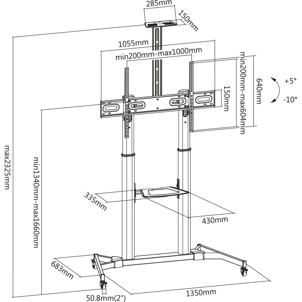TV Trolley Stand on Wheels 60" 63" 70" 75" 80" 100" Max Load 100kg VESA Max 1000x600mm